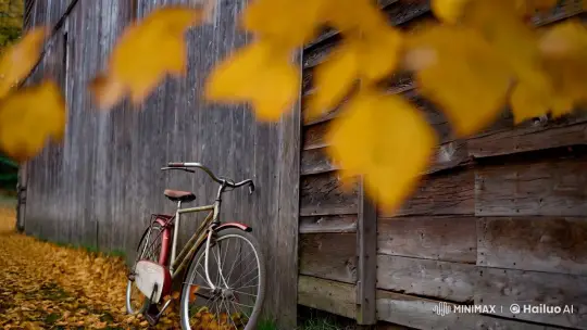 Rustic Barn Setting with Weathered Bicycle and Autumn Leaves – AI Generated Video | Hailuo AI