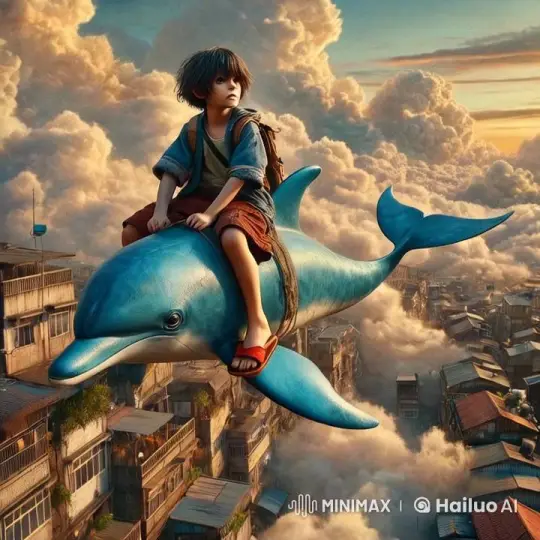 Child Rides a Flying Dolphin Over a Cloudy Cityscape – AI Generated Video | Hailuo AI