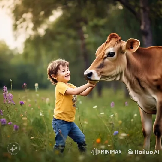 Boy and Cow Dance Joyfully in Meadow – AI Generated Video | Hailuo AI