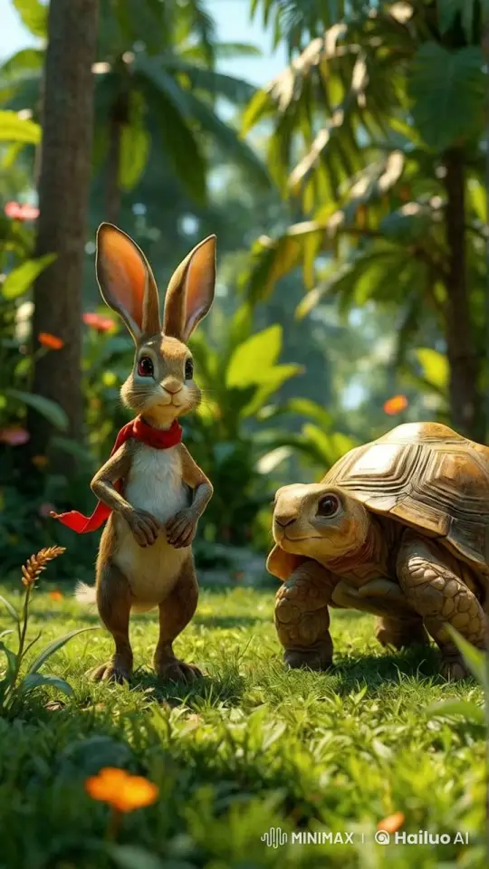 Rabbit and Tortoise in Serene Forest Clearing – AI Generated Video | Hailuo AI
