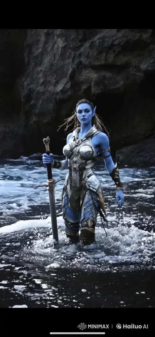 Blue-Skinned Warrior Prepares in Churning Waters – AI Generated Video | Hailuo AI