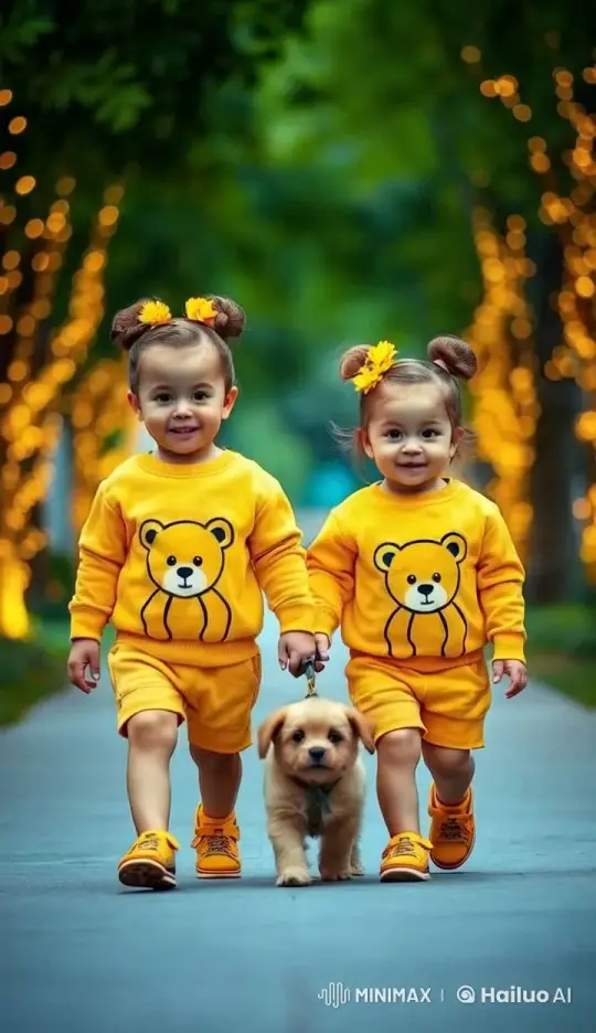 Toddlers Walk Puppy Along Enchanted Path – AI Generated Video | Hailuo AI