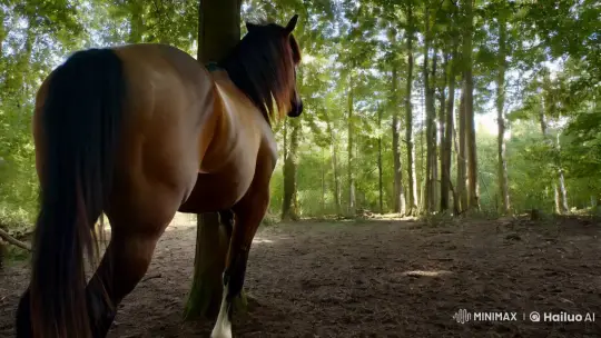 Majestic Horse Playfully Kicks Tree in Serene Forest – AI Generated Video | Hailuo AI
