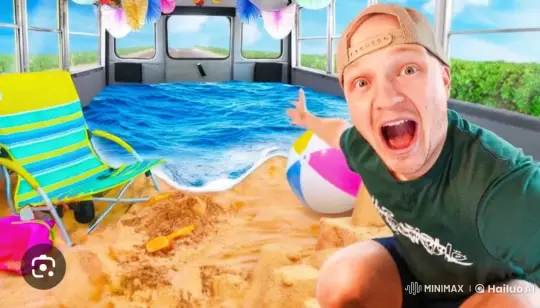 Beach Fun: Man Surprised by Animated Bus Waves – AI Generated Video | Hailuo AI