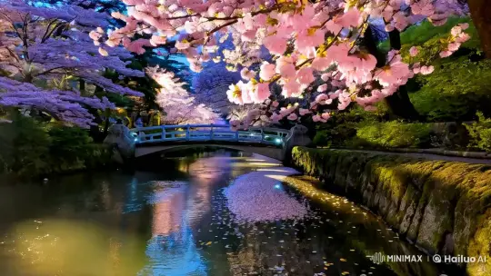 Cherry Blossom Bridge Over Serene River at Night – AI Generated Video | Hailuo AI