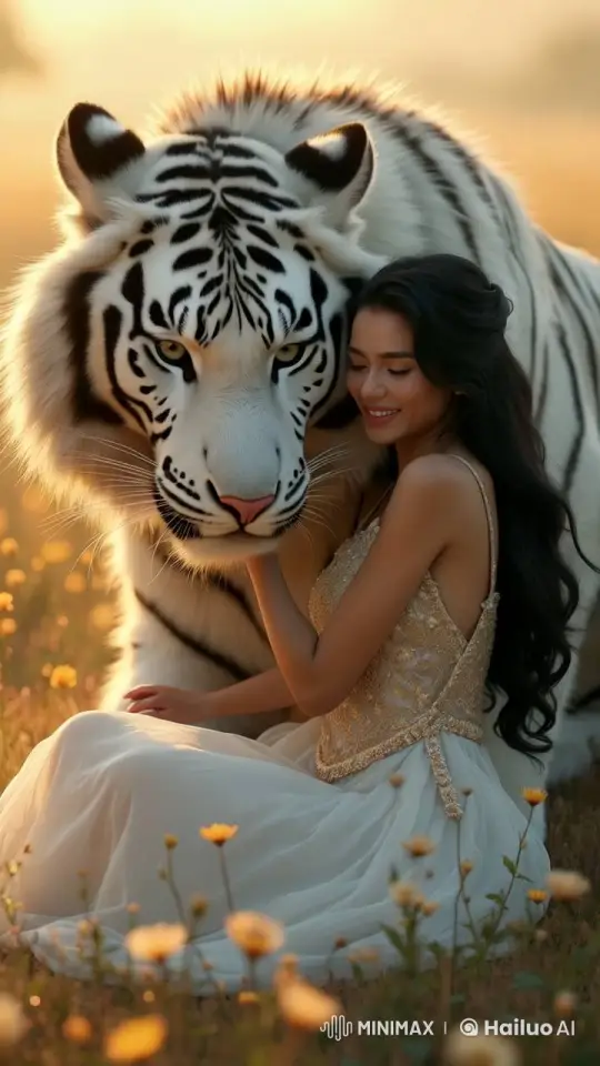 Woman and White Tiger Enjoy Peaceful Moment in Meadow – AI Generated Video | Hailuo AI