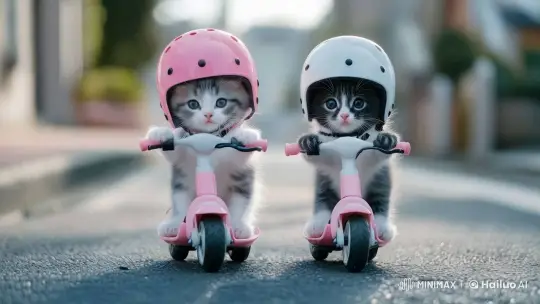 Kittens in Helmets Enjoy Scooter Ride on Neighborhood Street – AI Generated Video | Hailuo AI