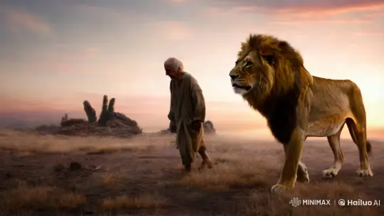 Elderly Man Meets Majestic Lion at Dusk – AI Generated Video | Hailuo AI