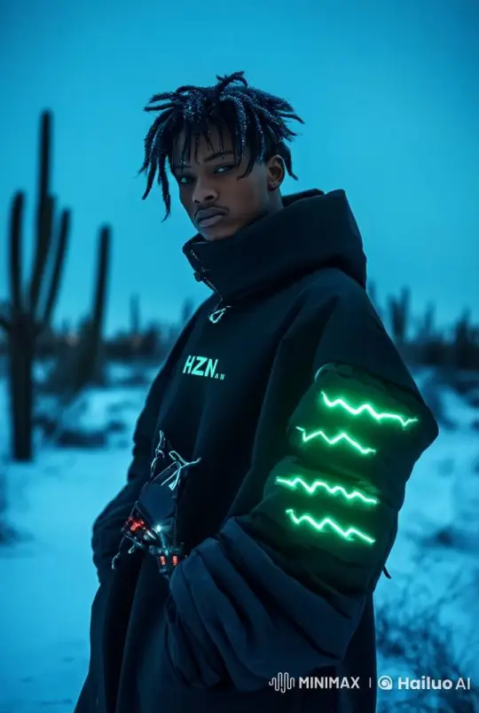 Young Man Reflects in Snowy Desert with Hovercraft – AI Generated Video | Hailuo AI