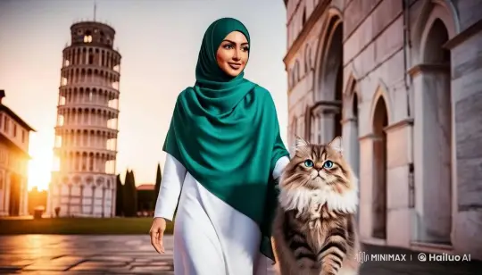 Woman in Hijab Walks with Cat Past Leaning Tower at Sunset – AI Generated Video | Hailuo AI
