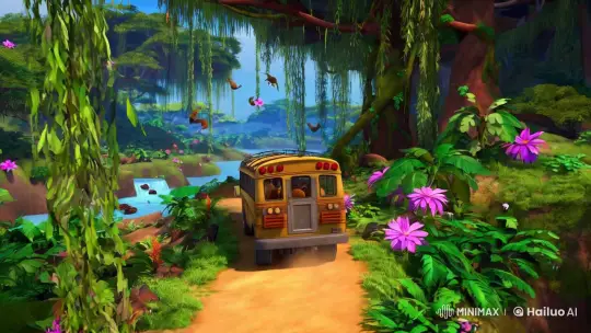 Jungle Bus Adventure in a Vibrant Tropical Landscape – AI Generated Video | Hailuo AI