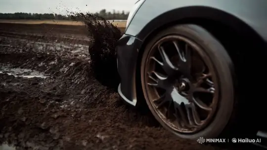 Slow-Motion Drift: Car Navigates Muddy Terrain – AI Generated Video | Hailuo AI