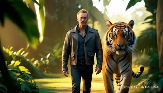 Man and Tiger Walk in Harmony Through Sunlit Jungle – AI Generated Video | Hailuo AI