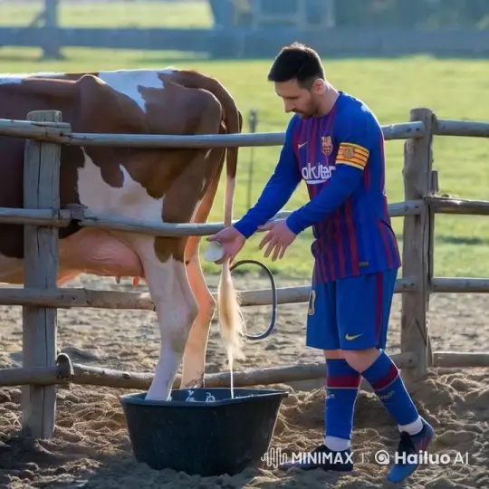 Messi Milks a Cow in Football Uniform on Sunny Farm – AI Generated Video | Hailuo AI
