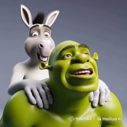 Green Ogre and Donkey Panic Run in Animated Comedy – AI Generated Video | Hailuo AI