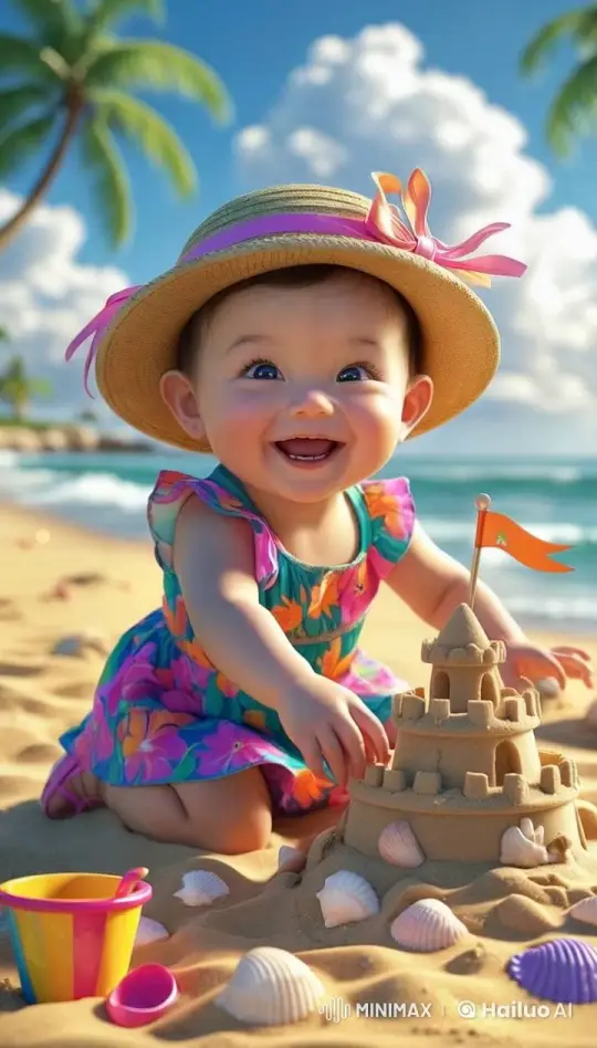 Baby Building a Sandcastle on a Sunny Beach – AI Generated Video | Hailuo AI