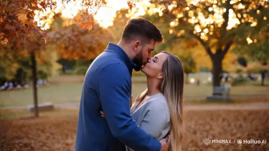 Romantic Couple Kissing in Autumn Park – AI Generated Video | Hailuo AI
