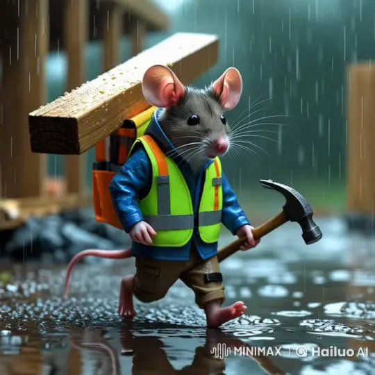 Construction Mouse Braving the Rain on a Wet Path – AI Generated Video | Hailuo AI