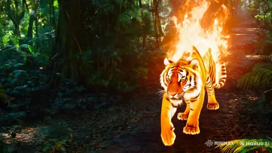 Tiger with Fiery Fur in Majestic Forest Journey – AI Generated Video | Hailuo AI