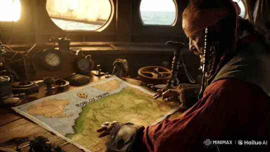Pirate Examines Ancient Map in Captain's Quarters – AI Generated Video | Hailuo AI