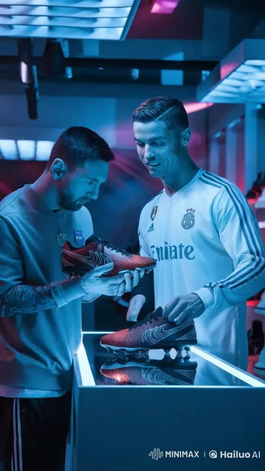 Iconic Soccer Stars Messi and Ronaldo Showcase Custom Shoes in Luxurious Setting – AI Generated Video | Hailuo AI