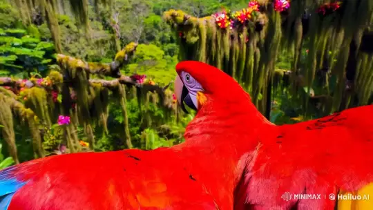 Scarlet Macaw: A Vibrant Dance in the Jungle's Light – AI Generated Video | Hailuo AI