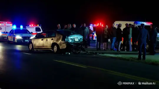 Roadside Crash Site Illuminated by Emergency Lights – AI Generated Video | Hailuo AI