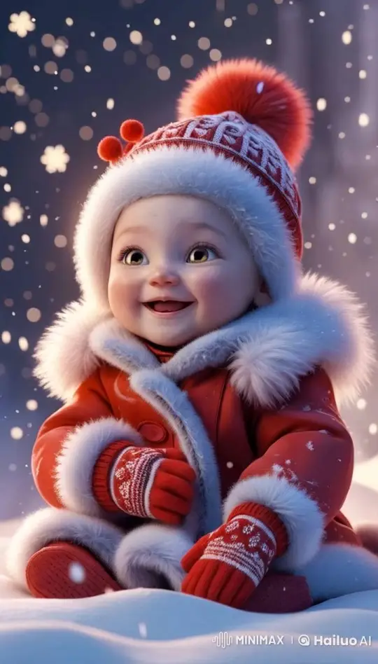 Baby Enjoys Winter Wonderland in Cozy Red Outfit – AI Generated Video | Hailuo AI