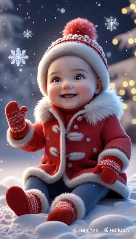 Baby in Red Winter Outfit Enjoys Snowy Day – AI Generated Video | Hailuo AI