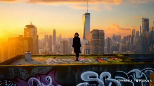 Cityscape Silhouette: Rooftop Reflections at Dusk – AI Generated Video | Hailuo AI