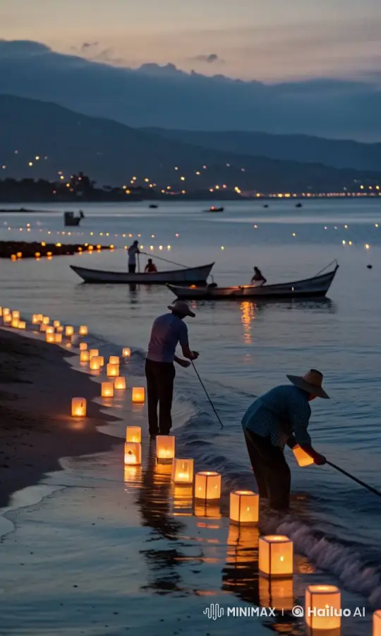 Evening Beach Lanterns Ascend to Space in Live2D Animation – AI Generated Video | Hailuo AI