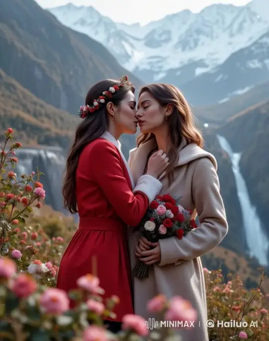 Romantic Kiss Between Two Women in Majestic Mountains – AI Generated Video | Hailuo AI