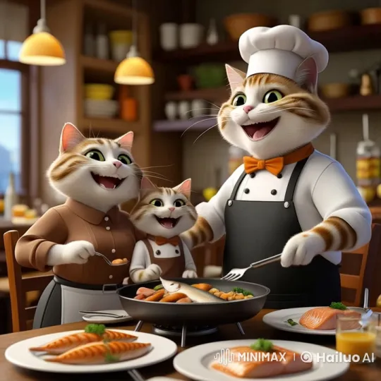 Happy Cat Family Cooking in Cozy Kitchen – AI Generated Video | Hailuo AI