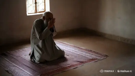 Elderly Man in Tranquil Prayer Amidst Simplicity – AI Generated Video | Hailuo AI
