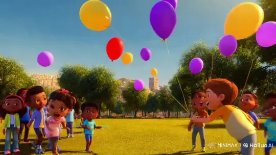 Joyful Children Chase Colorful Balloons in Sunlit Park – AI Generated Video | Hailuo AI