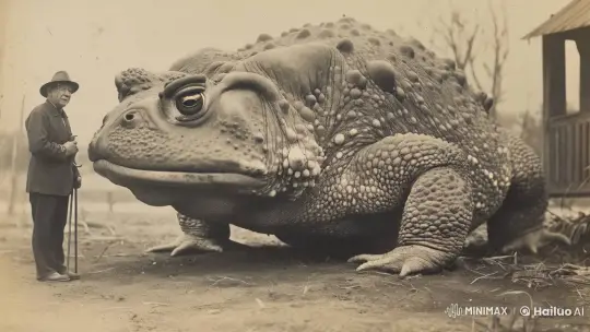Man Swallowed by Giant Toad in Vintage Surreal Scene – AI Generated Video | Hailuo AI