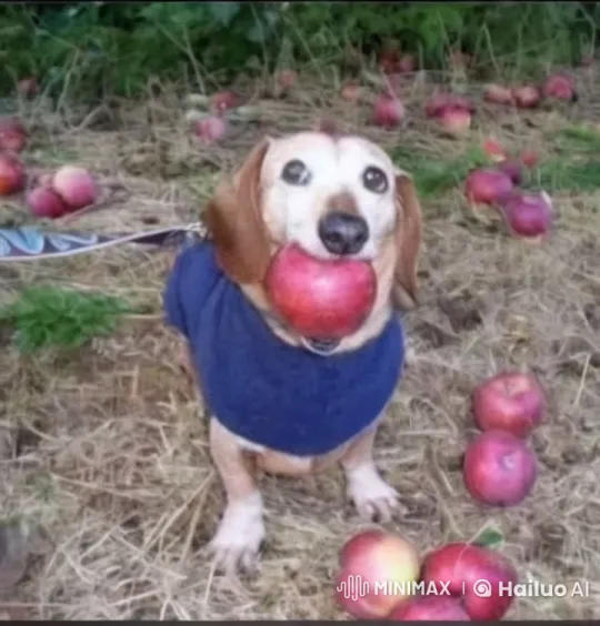 Dog Resists Pulling with Apple in Mouth – AI Generated Video | Hailuo AI