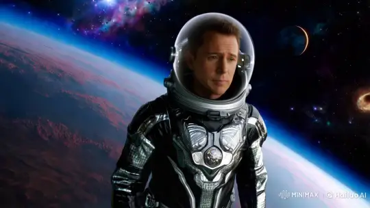 Cosmic Journey in Futuristic Spacesuit Amidst Galaxies – AI Generated Video | Hailuo AI