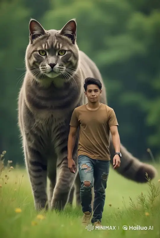 Man and Majestic Cat Stroll in Enchanted Meadow – AI Generated Video | Hailuo AI