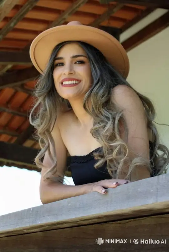 Woman with Wavy Hair Smiles in Rustic Setting – AI Generated Video | Hailuo AI