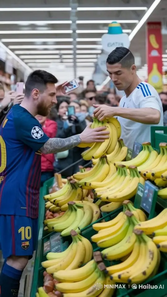 Live2D: Messi and Ronaldo Choose Bananas in Realistic Supermarket – AI Generated Video | Hailuo AI