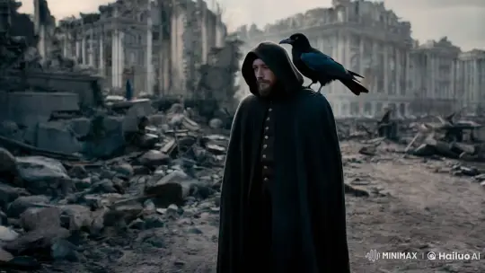 Solitary Wanderer Amidst Ruins in Gothic Cityscape – AI Generated Video | Hailuo AI