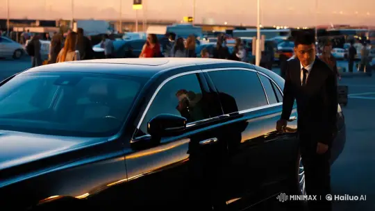 Luxury Sedan Arrival at Bustling Airport Parking – AI Generated Video | Hailuo AI