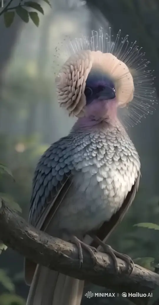Intricate Bird with Peach and Blue Plumage in Forest Setting – AI Generated Video | Hailuo AI