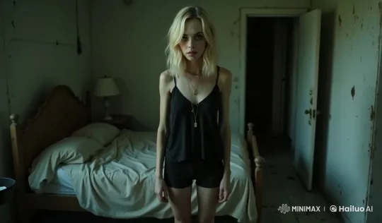 Blonde Woman's Hands Emanate Divine Glow in Dim Room – AI Generated Video | Hailuo AI