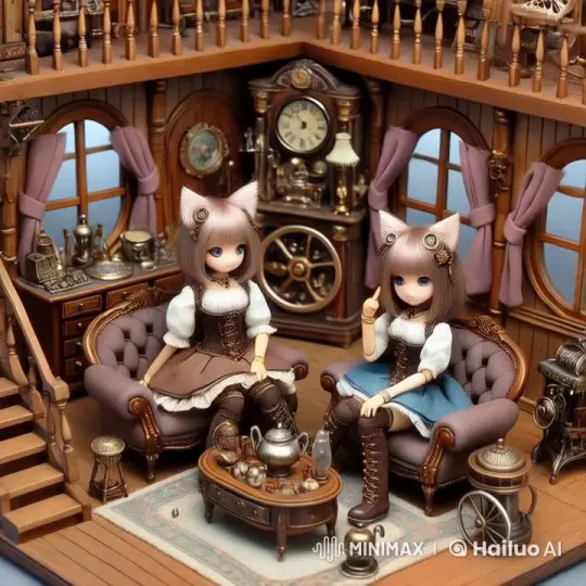 Steampunk Catgirls Engage in Whimsical Animated Chat – AI Generated Video | Hailuo AI
