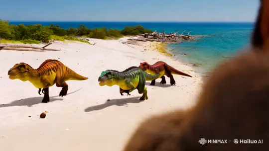Colorful Dinosaurs Frolic on Pristine Prehistoric Beach – AI Generated Video | Hailuo AI