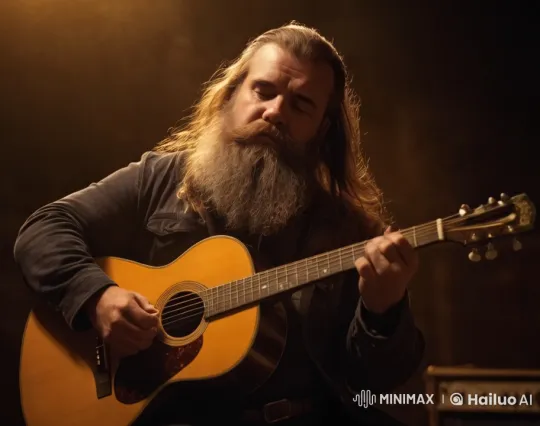 Intimate Serenity: Bearded Man Plays Acoustic Guitar – AI Generated Video | Hailuo AI