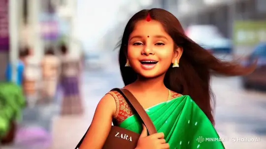 Stylish Girl in Sari Sings on Bustling Street – AI Generated Video | Hailuo AI