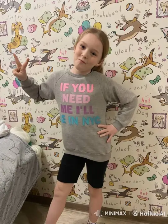 Young Person Joyfully Dancing in Dachshund-Themed NYC Room – AI Generated Video | Hailuo AI